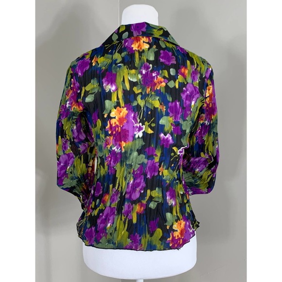 Vintage 90s Y2k Dark Floral Crinkle Blouse GlamRock Bold Peplum Indie Goth Punk - Picture 6 of 11